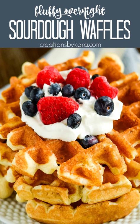 Even if you've never made sourdough before, you can succeed with this SOURDOUGH WAFFLE RECIPE. A perfect balance of sweet and tang, they are absolutely delicious and always fluffy. #sourdoughwaffles #sourdough @Creations by Kara Sourdough Discard Waffles Quick, Sourdough Discard Waffles, Discard Waffles, Easy Overnight Sourdough, Sourdough Waffle Recipe, Use Sourdough Discard, Sourdough Waffles, Overnight Sourdough, Easy Lunch Box Recipes