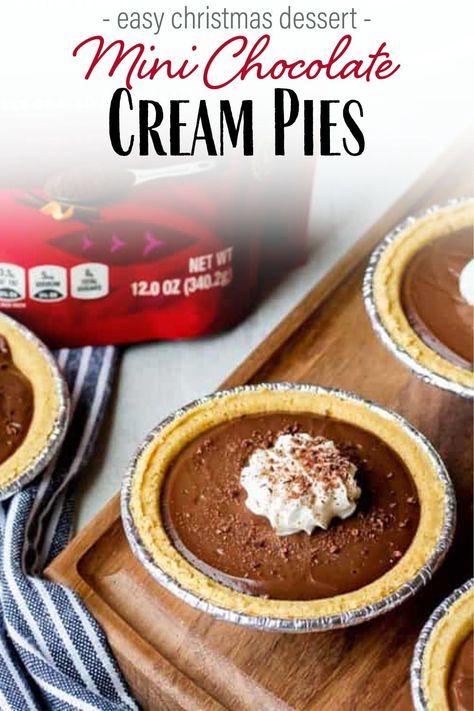 Mini Chocolate Cream Pies - these individual pies are the perfect addition to your dessert table this holiday. They are super easy to make, rich, and elegant in both flavor and presentation. Adults and children alike will enjoy these tasty little treats! #chocolatehistory #chocolateholidays #dlbrecipes #chocolatecreampie #minidesserts #ad Mini Chocolate Silk Pie, Individual Chocolate Pies, Mini Chocolate Pudding Pies Easy, Chocolate Mini Pies, Chocolate Mini Desserts, Chocolate Pudding Pie Easy, Mini Chocolate Cream Pies, Mini Chocolate Pies, Chocolate Cream Pies