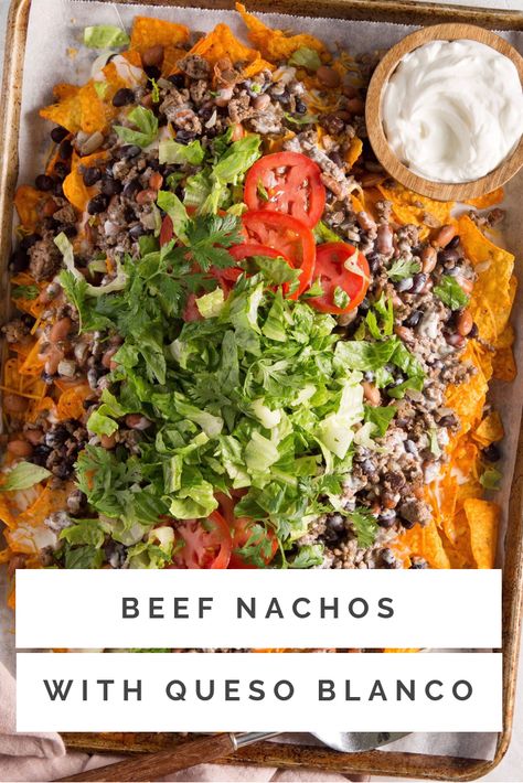 Beef Nachos with Queso Blanco Beef Nachos With Queso, Queso Nachos Ground Beef, Nachos With Queso, Shaved Beef Recipe, Queso Blanco Recipe, Shaved Beef, Beef Nachos, Recipe With Ground Beef, Homemade Nachos