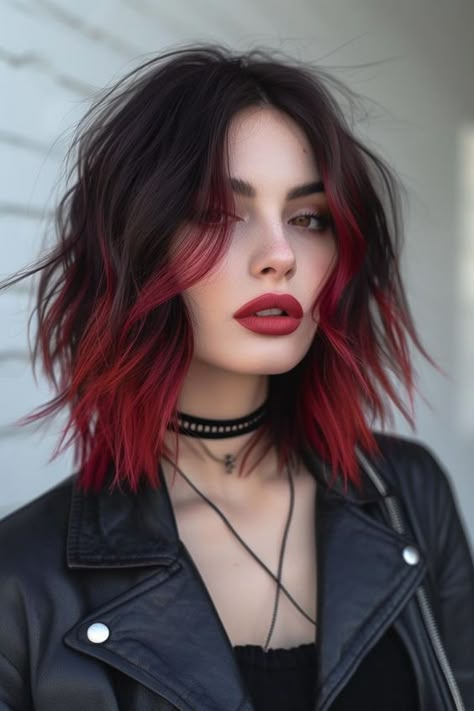 Subtle Fashion Color Hair, Natural Hair Colors Ideas, Short Hair With Long Pieces, Rock Hairstyles For Long Hair, Red And Black Hair Color, Medium Length Haircuts With Layers, Hair Color Ideas Short Hair, Red Eyes Anime, Black Hair Red Eyes