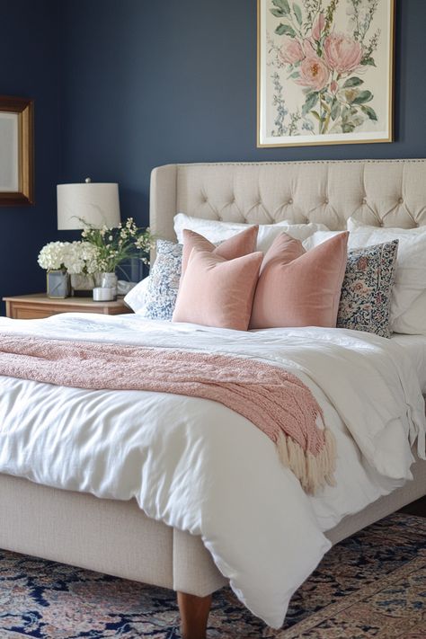 pink-and-blue-bedroom Pink Main Bedroom, Blue Pink Bedroom, Pink And Blue Bedroom Ideas, Blue And Pink Living Room, Pink And Blue Bedroom, Blue And Cream Bedroom, Dark Blue Rooms, Blue And Pink Bedroom, Blue Bedroom Ideas