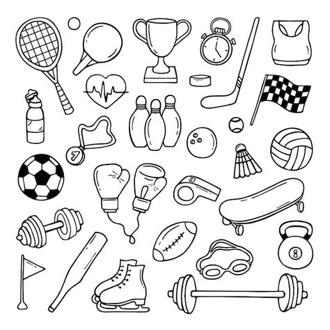 Sports Easy Drawing, Sports Related Drawing, Cartoon Sports Drawings, How To Draw Sports Balls, Sports Balls Drawing, Sport Balls Drawing, Sports Doodle Art, Sports Equipment Drawing, Sport Drawing Illustration