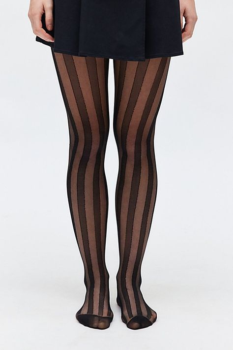 Silky-soft sheer tights with tonal stripes for an added edge. *Features Sheer striped tights Silky sheer tights Allover tonal stripes Comfort waistband Content + Care Nylon, spandex Hand wash Imported | Sheer Striped Tights in Black, Women's at Urban Outfitters Black Tights With Design, Checkered Tights, Aesthetic Tights, Tights Pattern, Fun Tights, Dream Costume, Funky Tights, Cool Tights, Ripped Tights