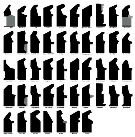 The silhouettes of various arcade cabinets Cabinet Profiles, Pi Arcade, Mame Cabinet, Arcade Cabinet Plans, Arcade Bartop, Arcade Diy, Diy Arcade Cabinet, Diy Video Game, Machine Project