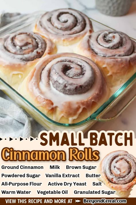 Ever want a cinnamon roll but don't want to make so many that you couldn't possibly eat them all? Been there done that and that's why this small-batch cinnamon roll recipe is perfect for a family or pair of individuals as it makes about 4 rolls. Cinnamon Rolls Small Batch, Cinnamon Roll For One, Small Batch Cinnamon Rolls, Homemade Cinnamon Rolls Easy, Batch Recipes, Rolls Homemade, Cinnamon Roll Recipe Homemade, Breakfast Pastry, Baked Desserts