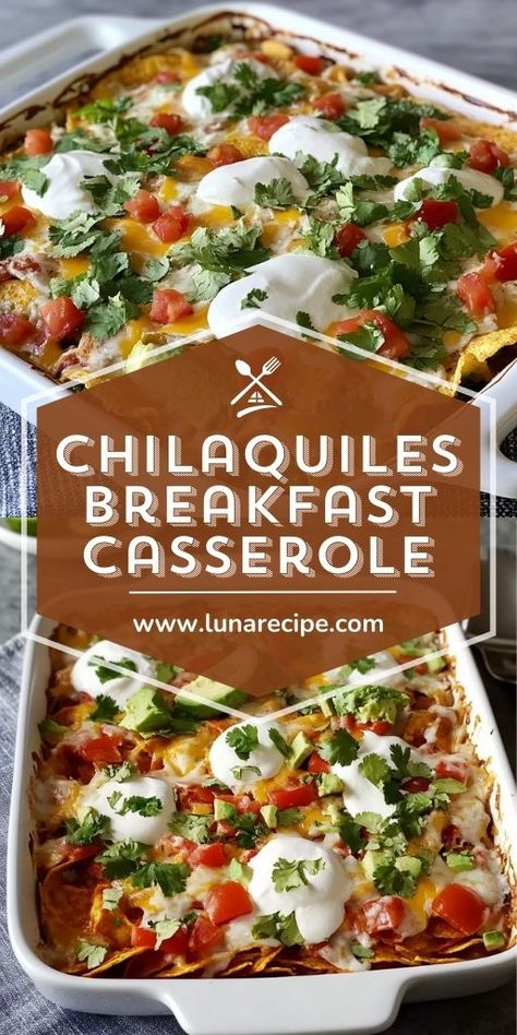 🌶️🍳 Spice up your brunch with this Chicken Chilaquiles Casserole! A delicious mix of crispy tortilla chips, tomatillo salsa, chicken, and eggs baked to perfection. It's the ultimate Mexican comfort food, great for brunch or dinner! Top with avocado, cheese, and cilantro for extra flavor. 🥑🧀 #ChilaquilesCasserole #MexicanRecipes #BrunchIdeas #ComfortFood #CasseroleRecipes #ChickenChilaquiles Chilaquiles With Tortilla Chips, Chilaquiles Casserole Breakfast, Tortilla Chip Dinner Recipes, Sheet Pan Chilaquiles, Baked Chilaquiles Recipe, Chili Relent Breakfast Casserole, Migas Casserole Breakfast, Mexican Chicken Casserole With Tortilla Chips, Chicken Chilaquiles Recipe Mexican