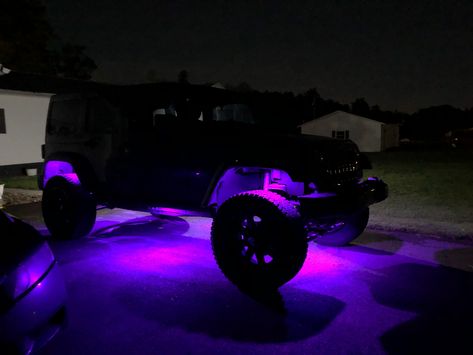 Light Purple Jeep Wrangler, Lavender Jeep Wrangler, Jeep Underglow, Black Jeep With Purple Accents, Jeep Wrangler Led Lights, Purple Jeep Wrangler, New Car Picture, Jeep Beach, Black Jeep Wrangler