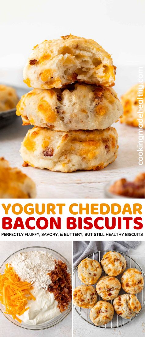 Yogurt Cheddar Bacon Biscuits (2-Ingredient Dough) are an easy biscuit recipe with crispy bacon, sharp cheddar cheese, and Greek Yogurt dough. Two Ingredient Biscuits Greek Yogurt, Greek Yogurt Scones, Cheddar Bacon Biscuits, Yogurt Scones Recipe, Greek Yogurt Dough, Greek Yogurt Biscuits, Yogurt Dough, Greek Yogurt Recipes Healthy, 2 Ingredient Biscuits