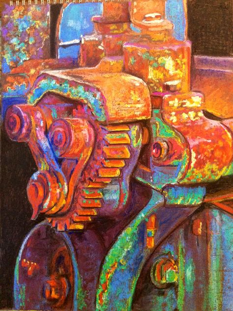 Rusty Machinery. Textural experiment in Pastel on Ingres Paper. Glyn Overton. June 2014. Adapted from a photo by E.J. At Gloucester Dock. Dora Drawing, Gloucester Docks, Surealism Art, Industrial Paintings, Post Apocalyptic Art, Reflection Art, Rust Paint, Gear Art, Mechanical Art