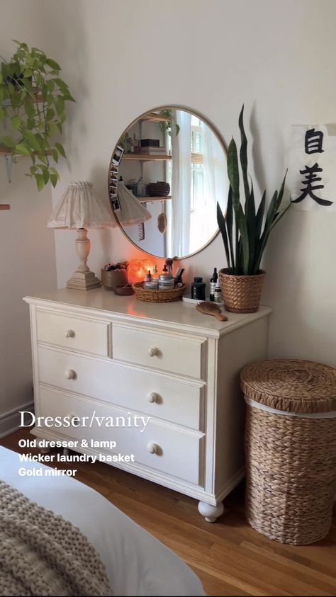 Dresser Storage Ideas Top Of, Dresser With Baskets On Top, Urban Tees Bedroom Dressers, Dresser With Flowers In Drawers, Kawaii Dresser Decor, Dresser Storage Ideas, Dresser With Wicker Drawers, Dresser Lamps, Dresser Vanity