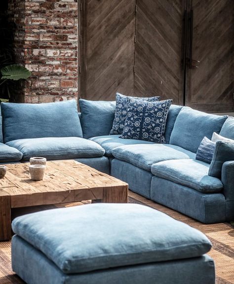 Reconnect with ancient culture through sofas made with enduring craftsmanship passed down from generations. #timothyoulton #noblesouls… | Instagram Jean Couch Living Room, Denim Couch Living Room Color Schemes, Denim Couch Living Room Ideas, Denim Couch, Blue Couch Living, Denim Sofa, Denim Furniture, Green Sofa Living, Blue Sectional