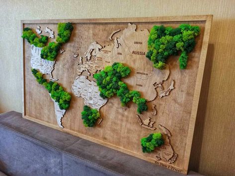 Wood And Moss Wall Art, Wood World Map Wall Art, Wooden World Map Wall Decor, Moss Wall Art Bohemian, Arts And Crafts Home Decor, Preserved Moss Wall Art Bohemian, Faux Moss, Wood Pots, Moss Decor