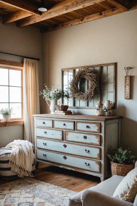 Explore these 37 cozy farmhouse bedroom styles with a blend of rustic decor and inviting colors. Perfect for creating that warm, homey feel. Country Chic Bedroom Decor, Warm Apartment Aesthetic, Country Chic Bedroom, Vintage Farmhouse Bedroom, Cozy Farmhouse Bedroom, Bedroom Inspiration Cozy, Rustic Wooden Furniture, Farmhouse Bedroom Ideas, Chic Bedroom Decor