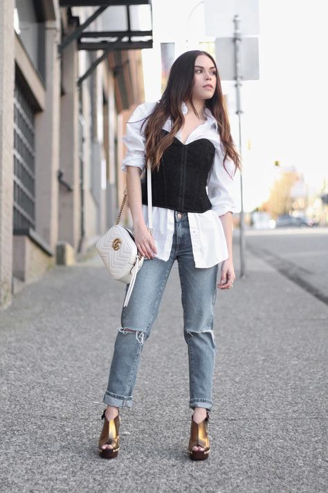 Trying the Corset Trend | and she Dressed... Corset And Button Down, Trendy Corset Outfit, Fashion Corset Outfit, How To Style A Corset Over A Shirt, Bustier Layering Outfit, How To Wear A Corset Outfits, Shirt With Corset Outfit, Corset With Jeans Outfits, Corset Outfit With Jeans