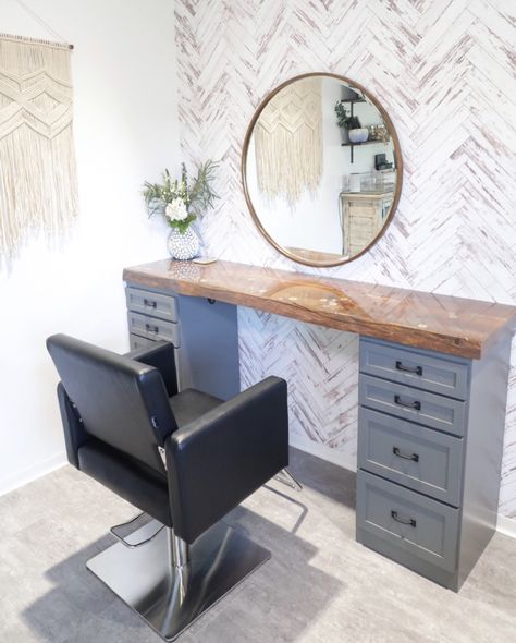 Hair Salon Cabinet Ideas, Salon Studio Decor Modern, Salon Color Cabinet Ideas, Sage Salon Decor, Corner Salon Stations, Round Mirror Salon Station, Dresser Salon Station, Hair Salon Styling Stations, Home Salon Suite Ideas