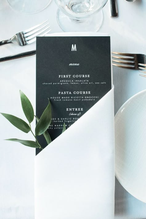 Black menu tucked in napkin with greenery. Lilly Photography, Wedding Menus Design, Wedding Menu Template, Waterfront Restaurant, Restaurant Wedding, Wedding Menu Cards, Menu Card, Menu Cards, Wedding Stationary