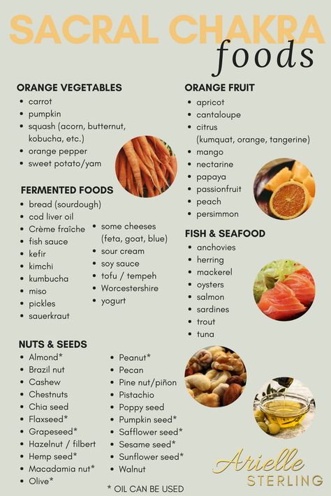 Sacral Chakra Healing Foods, Foods For Sacral Chakra, Foods For Chakras, Sacral Chakra Womb Healing, Sacral Chakra Recipes, Spiritual Food For The Soul, Sacral Chakra Herbs, Womb Healing Foods, Sacral Chakra Foods