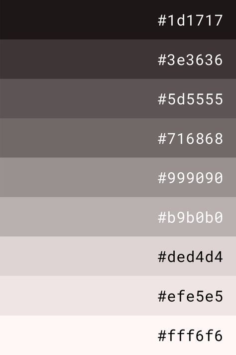 Grey color palette with hex codes. #color pallete #color inspiration #grey #1d1717 #3e3636 #5d5555 #716868 #999090 #b9b0b0 #ded4d4 #efe5e5 #fff6f6 Grey Color Palette Hex Codes, Discord Hex Codes, Discord Banner Color Codes, Dark Hex Codes, Grey Pallete Color, Hexcode Color Palette, Discord Color Palette, Black Pallete Color, Discord Color Codes