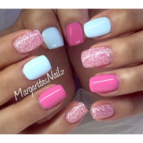 Pink and baby blue gel mani @MargaritasNailz Pink Blue Gel Nails, Pink And Blue Nail Ideas, Pink And Blue Nails Short, Baby Nails Design, Pink And Blue Manicure, Baby Girl Nails Ideas, Pink And Blue Gel Nails Short, Pink And Blue Dip Nails, Short Sns Nails Designs