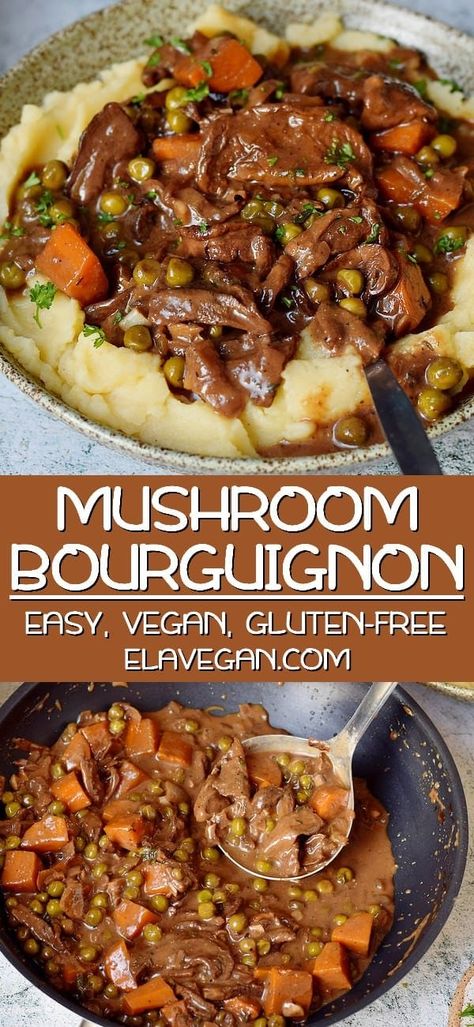 Rich and flavorful vegan mushroom bourguignon, perfect for any night of the week. A creamy and hearty vegetarian dish, with all the aspects of a supreme comfort food. This recipe is naturally gluten-free, dairy-free, soy-free, and easy to make. #veganmushroombourguignon #veganbourguignon #mushroomgravy #mashedpotatoes #elasrecipes | elavegan.com Vegan Mushroom Bourguignon, Gluten Free Chinese Food, Vegetarian Chinese Recipes, Mushroom Bourguignon, Healthy Chinese Recipes, Chinese Food Recipes, Peas And Carrots, Vegetarian Dish, Vegan Mushroom