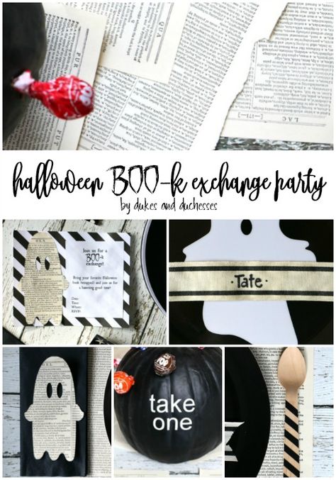 halloween book exchange party idea Halloween Book Tasting, Halloween Bookclub Ideas, Book Exchange Party Ideas, Books And Booze Party, Halloween Book Club Ideas, Halloween Book Club Party, Book Page Decor, Book Exchange Party, Ugly Sweater Cookie