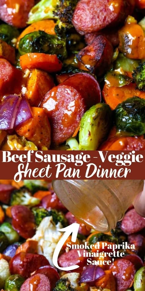 A super flavorful sheet pan dinner that is easy to make and is ready in under 30 minutes. All the veggies get caramelized and the smoked beef sausage get warmed thru perfectly. This sheet pan dinner is finished with a drizzle of delicious smoked paprika vinaigrette.This makes a great weeknight meal and can even be prepped ahead for a busy night! Sausage And Veggie Sheet Pan, Veggie Sheet Pan, Beef Sausage Recipes, Easy One Pan Dinner, Easy Sheet Pan Dinner, Sheet Pan Sausage, Healthy Sheet Pan, Smoked Sausage Recipes, Corned Beef Brisket