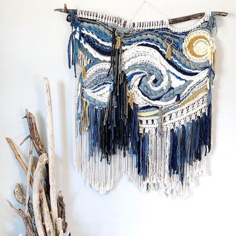 Cindy🧵🧶 Niroma Studio on Instagram: “When Andrea at @create_express_transform told me she wanted to make a piece inspired by Van Gogh’s “Starry Night,” I knew it would be good.…” Future Skills, Weaving Loom Diy, Makramee Diy, Weaving Loom Projects, Weaving Wall Hanging, Macrame Wall Hanging Diy, Weaving Designs, Diy Weaving, Macrame Wall Art