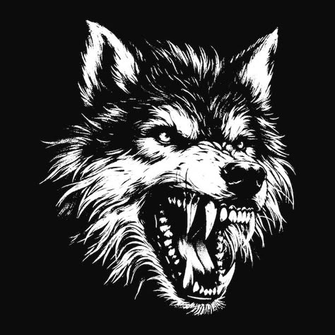 Black Wolf Design, Dark Wolf, Angry Wolf Reference, Dark Wolf Tattoo, Angry Wolf Art, Wolf Angry Tattoo, Werewolf Black And White, Wolf Black And White Drawing, Scary Wolf