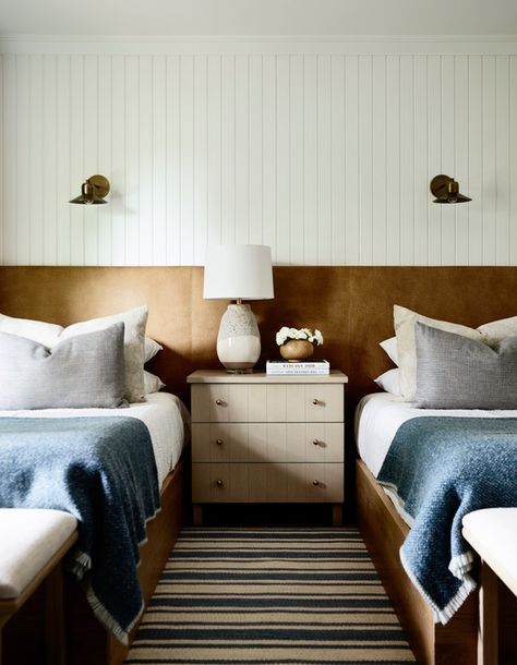 LAKE WINNIPESAUKEE 3 Brown Leather Headboard, Long Headboard, French Canopy Bed, White Plank Walls, Tan Headboard, Tan Bedding, Blue Plaid Pillows, Blue Striped Rug, Gray Pillows