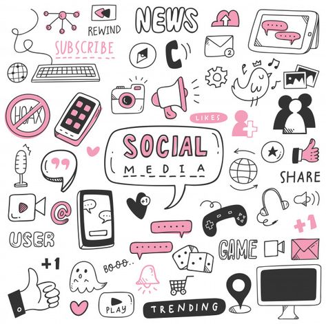 Hand drawn social media doodle set Premium Vector Social Media Doodle, Social Media Wallpaper, Internet Icon, Social Media Drawings, Social Media Art, Social Media Photography, Hand Drawn Icons, Doodle Art Drawing, Quotes Thoughts