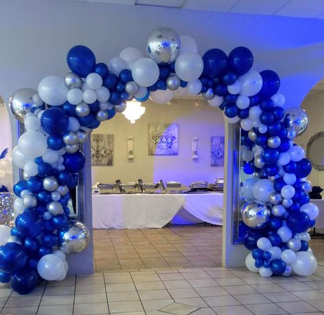 Blue, silver and white balloon arch with a little something, something.   Gallery | New Orleans Balloon Art by Shantel White Balloon Arch, Christmas Arch, Balloons Ideas, White Christmas Wreath, Christmas Background Images, Balloon Arches, Garland Arch, Something Something, Silver Decor