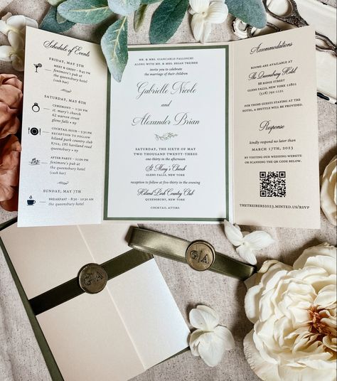 Sage green tones on a trifold invite with a copper stamp Wedding Invitation Trifold, Trifold Invitation Wedding, Trifold Wedding Invitations, Trifold Invitation, Drawing Wedding Invitation, Traditional Wedding Invitations, 2024 Wedding, Green Tones, Spring 2023