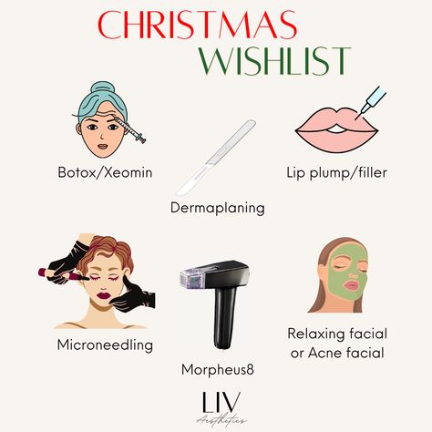 Spa Christmas Promo, Medspa Post Ideas, Holiday Esthetician Post, Christmas Esthetician Post, Med Spa Content, Medspa Christmas, Botox Christmas, Esthetician Illustration, Wishlist Skincare