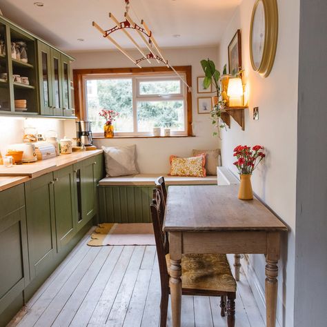 Green Counters In Kitchen, Dakota Johnson Home, Dakota Johnson Kitchen, Green Country Kitchen, Large Fridge Freezer, Green Kitchen Designs, Large Fridge, Green Country, Green Palette