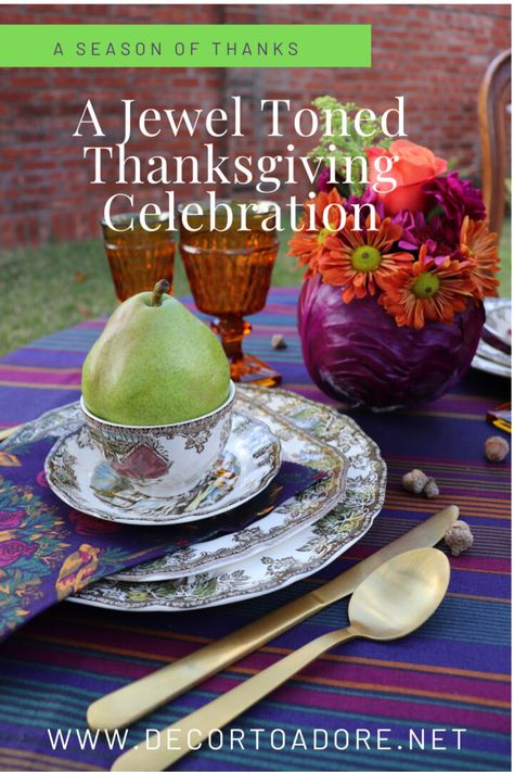 A Jewel Toned Thanksgiving Celebration Thanksgiving Bar Cart, Friendly Village Dishes, Thanksgiving Tables, Mediterranean Patio, British Colonial Decor, Colonial Kitchen, Amber Glassware, Frozen Turkey, Thanksgiving Tablescape