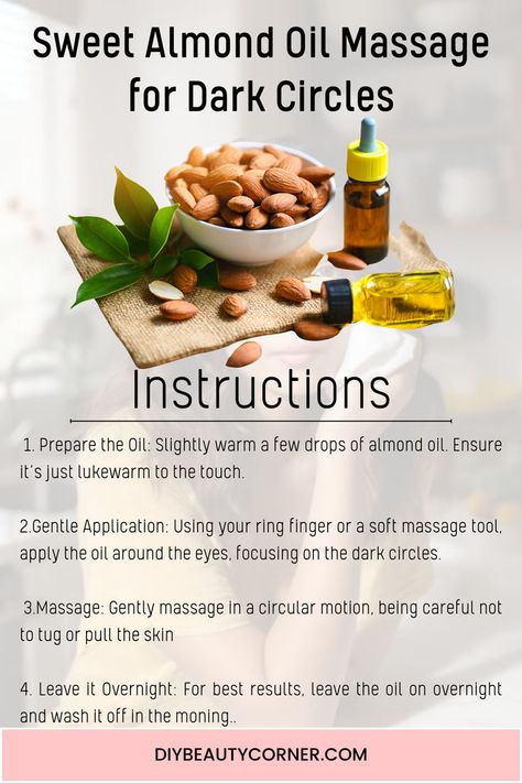 Almond oil is a natural treasure for skincare, especially for delicate areas like under the eyes. Rich in vitamins and antioxidants, it’s perfect for gently nourishing and rejuvenating the skin. Beauty Corner, Reduce Dark Circles, Sweet Almond Oil, Almond Oil, Dark Circles, Diy Beauty, Circles, Massage, Almond