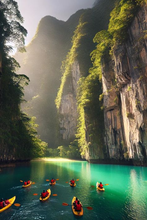 Kayakers paddling through a hidden lagoon surrounded by towering limestone cliffs Desert Tour, Ha Long Bay, Ha Long, Thrill Seeker, Halong Bay, Luxury Cruise, Outdoors Adventure, Kayaking, 5 Star