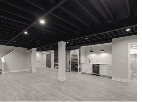 Basement Ceiling Black, Black Basement Ceiling, Basement Wall Colors, Finish Basement Ceiling, Cheap Basement Ideas, Exposed Basement Ceiling, Basement Ceiling Painted, Open Basement, Low Ceiling Basement