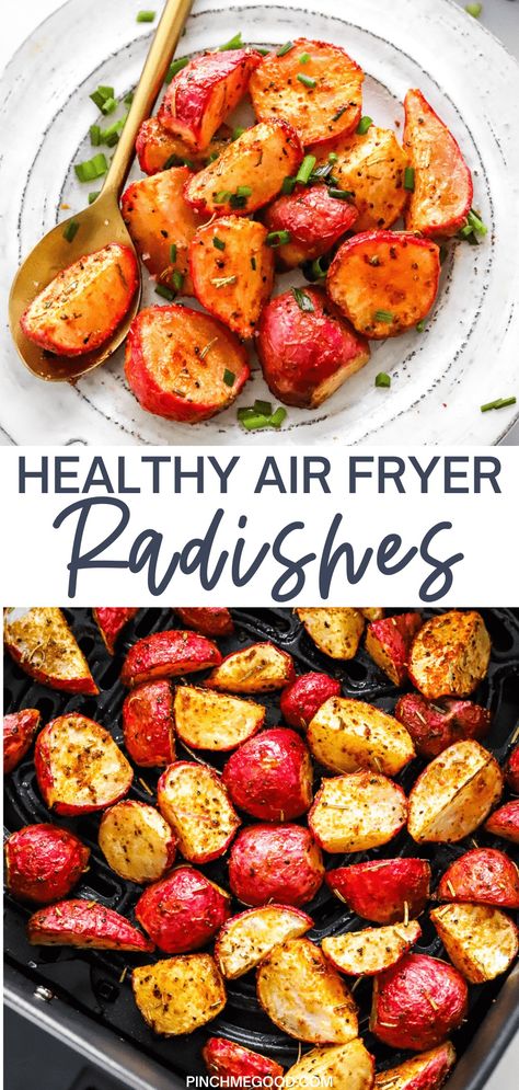 You can make perfectly roasted radishes in the air fryer in 15 minutes. They are packed with flavor and seasoned with garlic, paprika, and rosemary for the best low-carb, spring side dish ever! Radish Air Fryer, Air Fry Radishes, Radish Recipes Air Fryer, Radishes In Air Fryer, Roasted Radishes Air Fryer, Air Fried Radishes, Dash Air Fryer Recipes, Roasted Vegetables In Air Fryer, Small Air Fryer Recipes