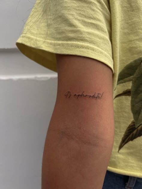 Script above elbow placement. Mamma mia inspired tattoo Honey Honey Tattoo Mamma Mia, Mama Mia Matching Tattoos, My Love My Life Tattoo Mamma Mia, Subtle Mamma Mia Tattoos, Tiny Mamma Mia Tattoos, Momma Mia Tattoo, Everybody Wants To Rule The World Tattoo, Mama Mia Inspired Tattoo, Simple Mamma Mia Tattoos