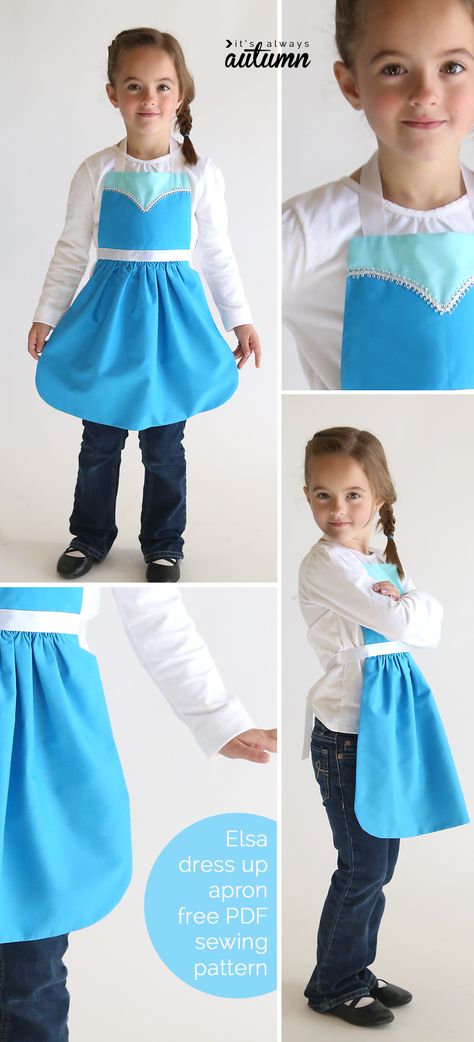 So adorable! Get the free PDF sewing pattern for this easy to make Elsa (Frozen) princess dress up apron in sizes 2-8 to fit any little girl! Easy DIY Snow White costume or dress up. Great handmade Christmas gift idea. More princess dress up apron patterns on this site too! Disney Princess Aprons, Diy Snow White Costume, Elsa Frozen Dress, Frozen Dress Up, Frozen Princess Dress, Dress Up Aprons, Princess Aprons, Sewing Christmas Gifts, Simple Dress Pattern