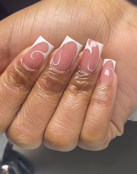 White Line Work Nails, Short Square Nail Art Designs, French Tip Overlay Nails, Short Square Gem Nails, Short Square Acrylic Nails French Tips With Diamonds, Short Pink French Tip Nails With Rhinestones, Short Easy Nails, Senior Photo Nails, Pink French Tip Nails Square With Gems