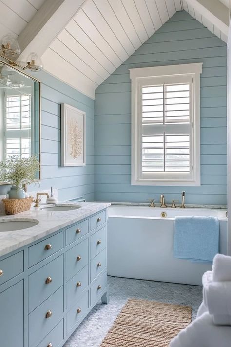 "Create a serene retreat with a Modern Coastal Bathroom! 🚿🌊 Perfect for blending beachy vibes with contemporary elegance. 🌟✨ #CoastalBathroom #ModernDecor #HomeInspiration" Modern Coastal Farmhouse Bathroom, Beach House Master Bath, Beachy Bathrooms, Understairs Ideas, Coastal Farmhouse Bathroom, Modern Coastal Bathroom, Modern Coastal Design, Modern Coastal Farmhouse, Pure Salt Interiors