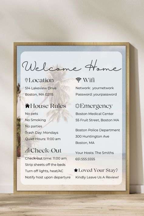 Make a lasting impression on your Airbnb guests with our editable Airbnb Welcome Sign! Designed in Canva, this customizable sign is a stylish way to display your house rules and create a warm atmosphere. Explore creative Airbnb signage ideas and discover host tips to enhance your hosting experience. Include an informative Airbnb Welcome Book to provide all the necessary details for a comfortable stay. Elevate your Airbnb decor and create a memorable experience with our versatile Welcome Sign! Funky Airbnb, Creative Airbnb, Airbnb Signage, Airbnb Rules, Boston Police Department, Beach Airbnb, Airbnb House Rules, Airbnb Signs, Host Tips