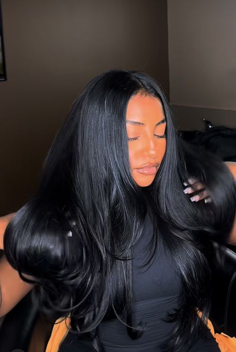 Long Hair Layers Black Women, Jet Black Hair Color Ideas Pale Skin, Long Dark Hair Blowout, Long Black Hair With Extensions, Jet Black Hair Color Black Women, Long Flipped Hair, Cambodian Hair Weave Sew Ins, Thermal Styles Hair, Long Hair Sew In Black Women