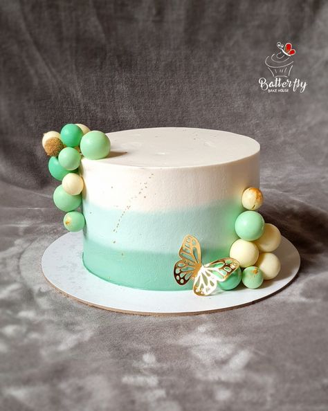 Ombre frosting (in green colour theme) and decorated with edible chocolate balls Balls On Cake Design, Green Theme Birthday Cake, Green Colour Cake Design, Chocolate Balls Cake Decoration, Ombre Green Cake, Green Colour Cake, Green Ombre Cake, Green Birthday Cakes, Green Dessert