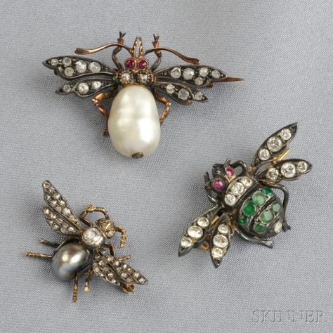 Three Antique Gem-set Insect Brooches, one with baroque pearl and rose-cut diamond wings, another with silver pearl and old mine- and rose-cut diamonds, and the third with full-cut diamonds and emeralds, silver and gold mounts Bee Things, Let It Bee, Bug Jewelry, I Love Bees, Bee Honeycomb, Pins And Brooches, Bee Jewelry, Bee Mine, Animal Pins