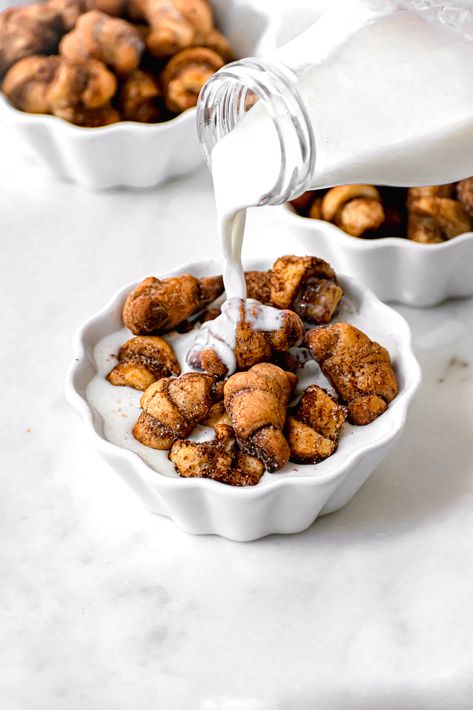 Get on the homemade cereal trend with this mini cinnamon sugar croissant cereal! #homemadecereal Croissant Cereal, Cereal Recipes Homemade, Cinnamon Sugar Recipes, Rough Puff Pastry, Homemade Cereal, Star Bread, Buttermilk Pancakes Fluffy, Mini Croissants, Homemade Scones