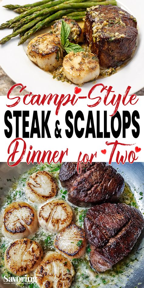 Steak and Scallops Recipe with Roasted Asparagus creates an easy romantic dinner in just 30 minutes! You won’t believe how easy it is to skip crowded restaurants and enjoy a date night dinner at home. #steak #scallops #datenight #dinnerfortwo Date Night In Recipes, Date Night Meals At Home, Steak And Scallops, Date Night Dinner At Home, Scallops Dinner, Scallop Dinner, Easy Romantic Dinner, Dinner Date Recipes, Scallops Recipe