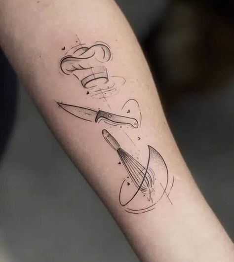 Female Chef Tattoo, Cooking Tattoo, Baker Tattoo, Culinary Tattoos, 30 Tattoo, Chef Tattoo, Food Tattoos, Knife Tattoo, Forarm Tattoos